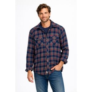 Marine Layer Mens Large Plaid Flannel Shirt Navy Blue Red Grey Long Sleeve Lined